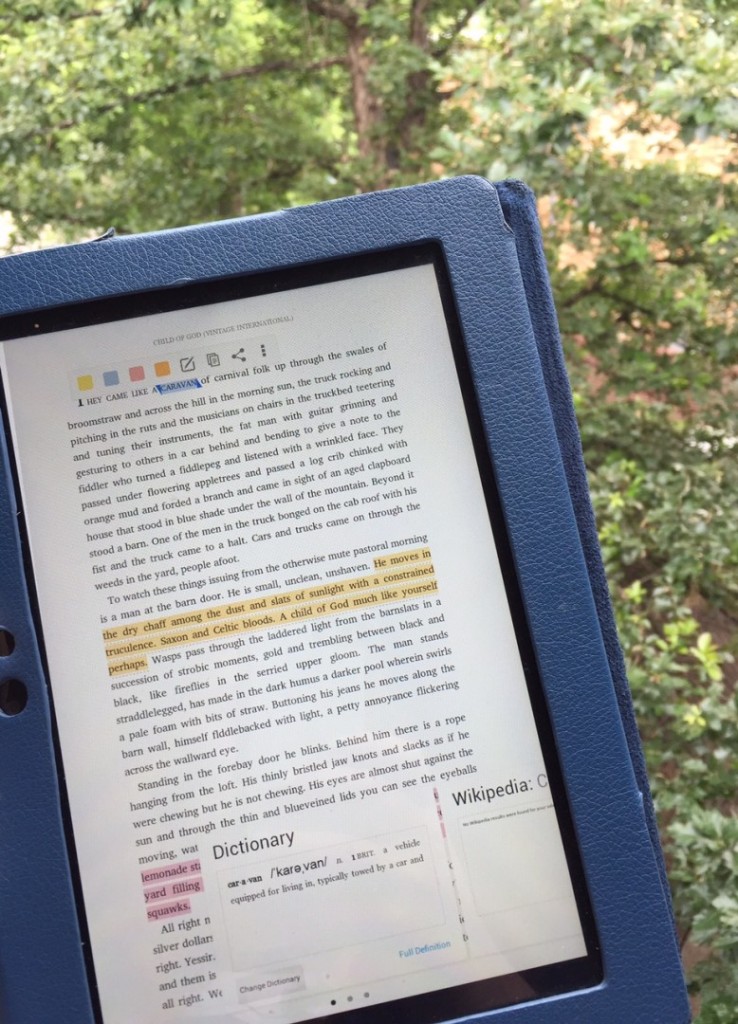 My personal e-reader, the Sony Tablet-S, using the Kindle app. E-readers are very portable and allow for highlighting, taking notes and looking up definitions. Photo by Meg McIntyre.