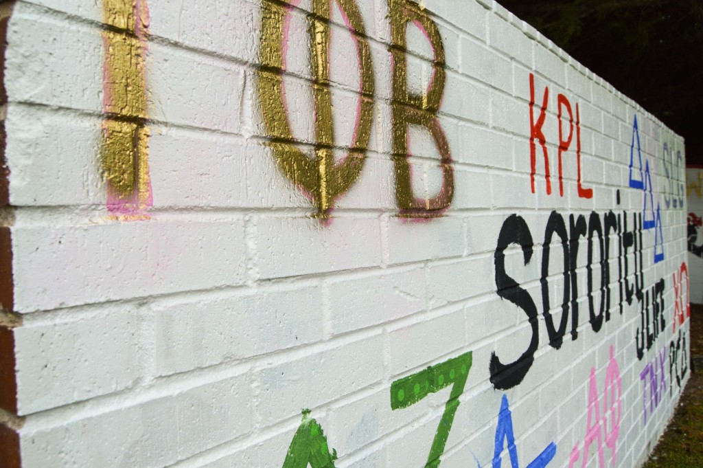 One segment of the wall encourages students to join Greek Life through sorority promotion.  Photo by John Poe.