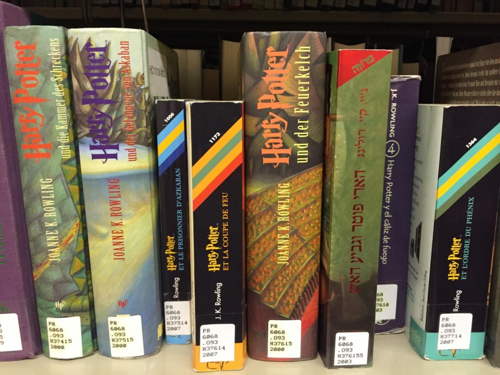 The selection of "Harry Potter" novels translated into foreign languages found at the DU library. Photo by Meg McIntyre.